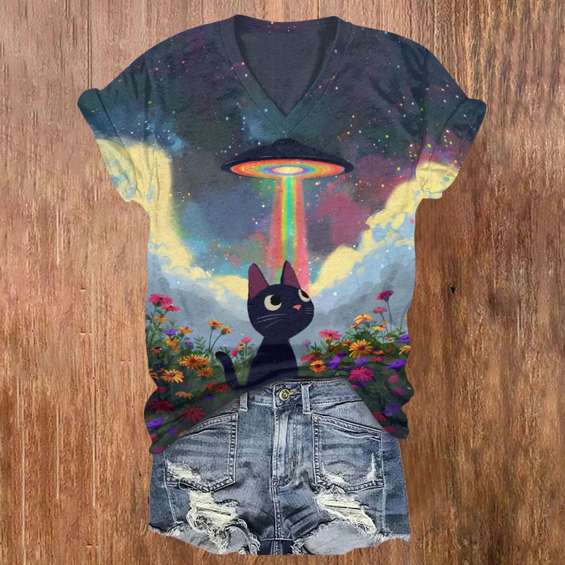 Sunflower Cat & Mysterious Spaceship Art T-shirt - Multicolor - US32-34(5XL) - image 1