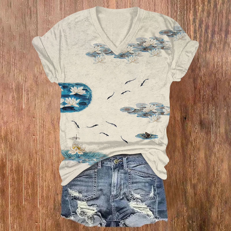 Silent Goldfish & Lotus Pond Art Print Casual T-shirt - Beige - US32-34(5XL) - image 1