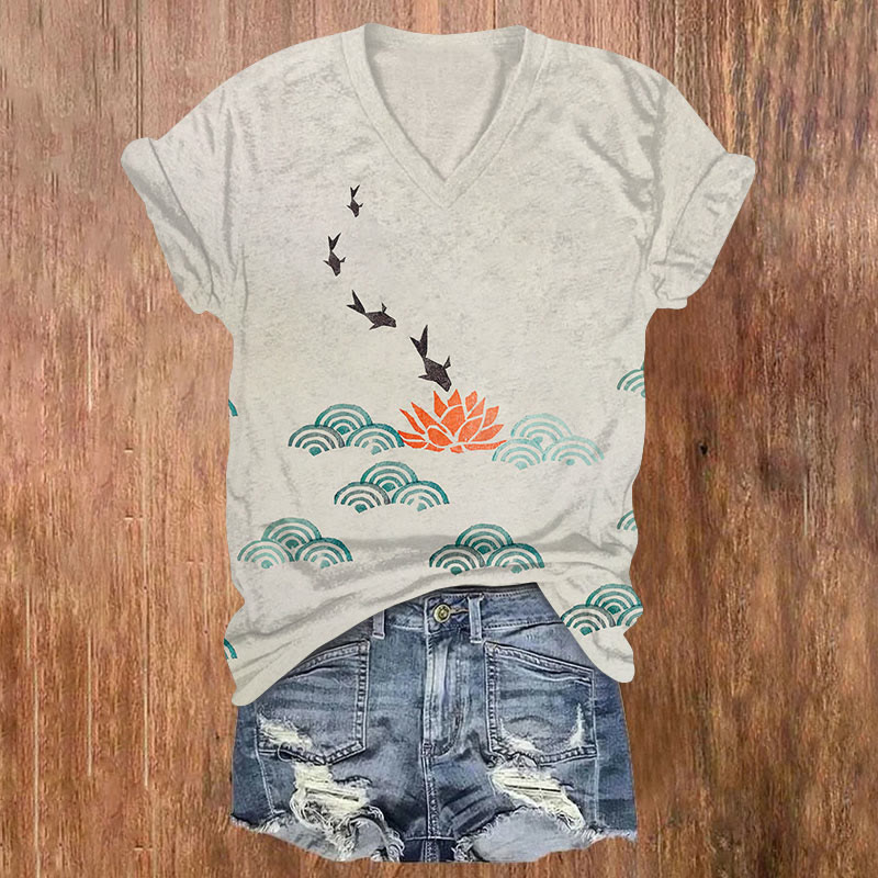 Funny Fish & Lotus Blossom Art Print Casual T-shirt - Light Gray - US32-34(5XL) - image 1