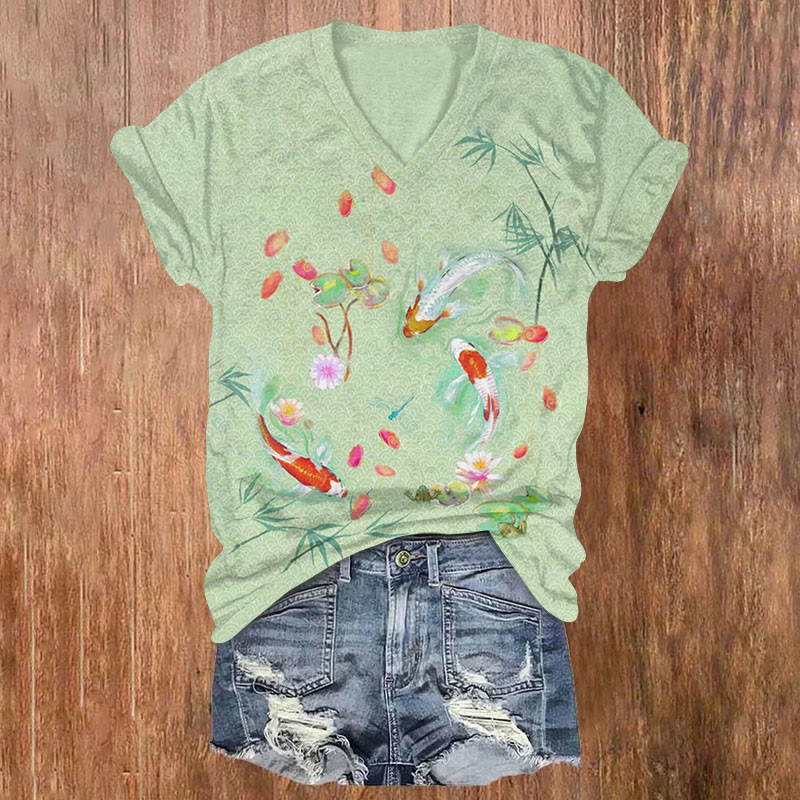 Colored Goldfish Playing In Lotus Pond Art Print Casual T-shirt - Green - US32-34(5XL) - image 1