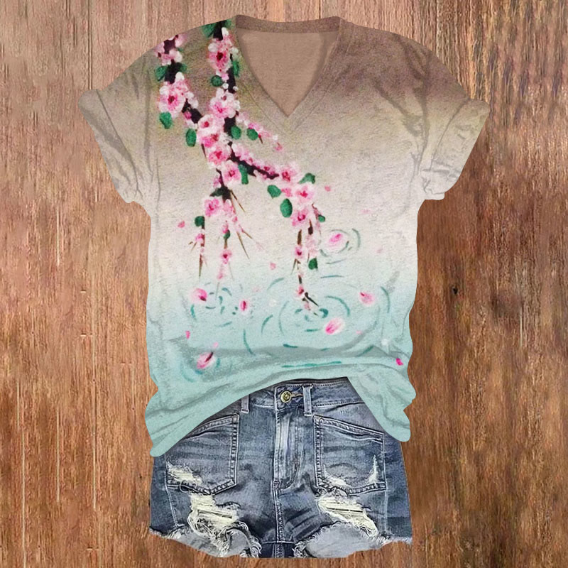 Peach Blossom Pond Water Art Print Casual T-shirt - Multicolor - US32-34(5XL) - image 1