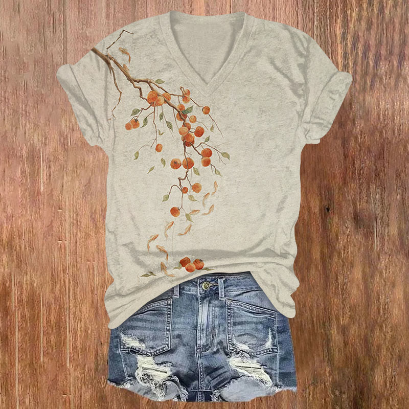 Vintage Apricot Tree Pattern Art Print Casual T-shirt - Khaki - US32-34(5XL) - image 1