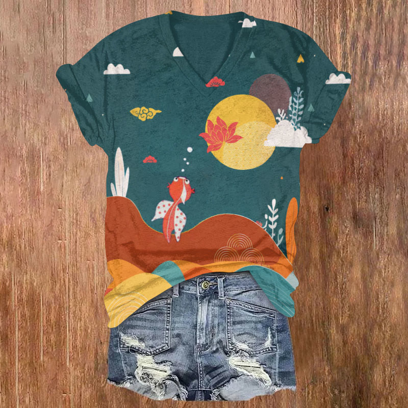 Cartoon Goldfish & Lotus & Moon Art Print Casual T-shirt - Green - US32-34(5XL) - image 1