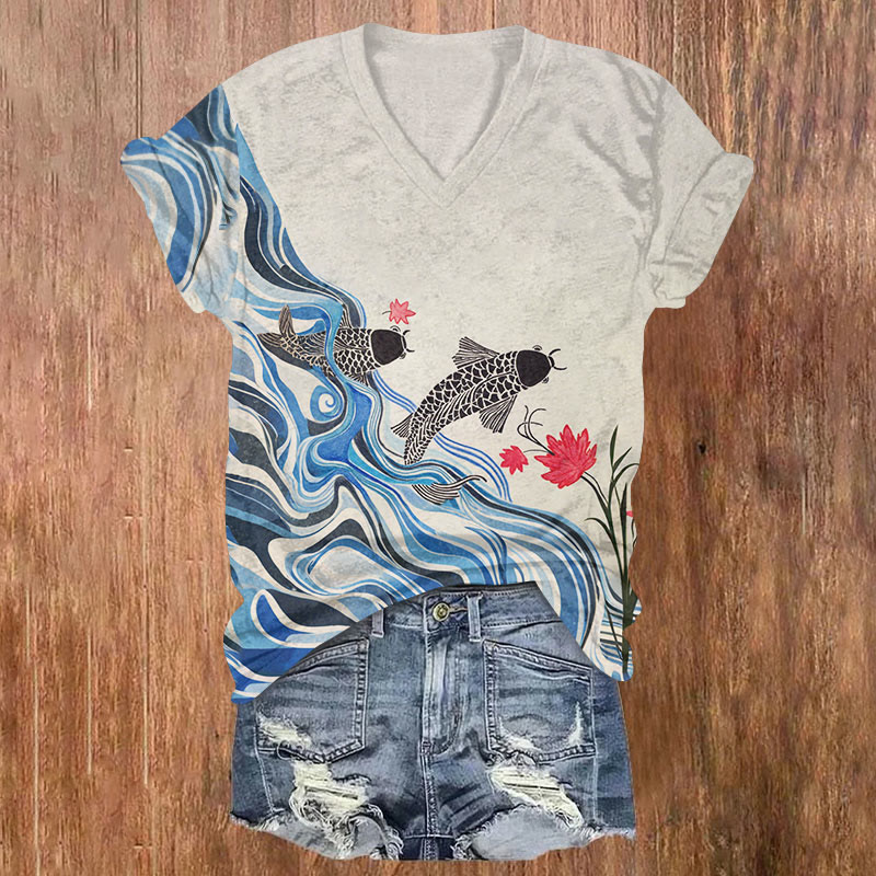 Cute Koi Fish & Lotus Art Print Casual T-shirt - Light Gray - US32-34(5XL) - image 1
