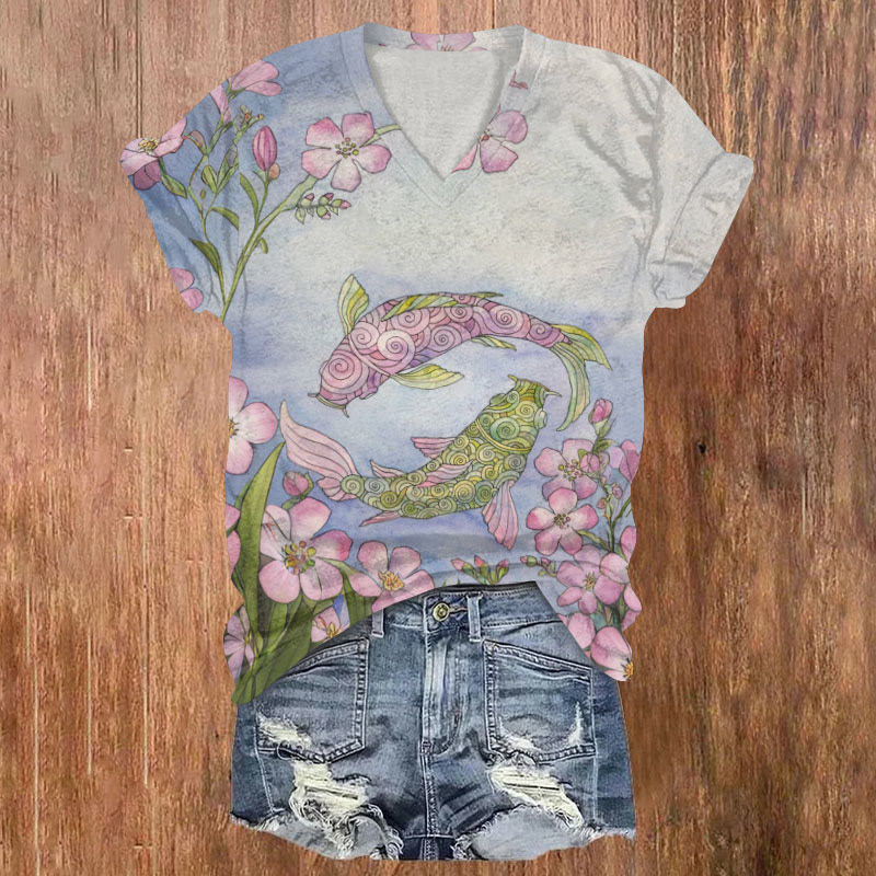 Romantic Floral Abstract Koi Art Print Casual T-shirt - Multicolor - US32-34(5XL) - image 1