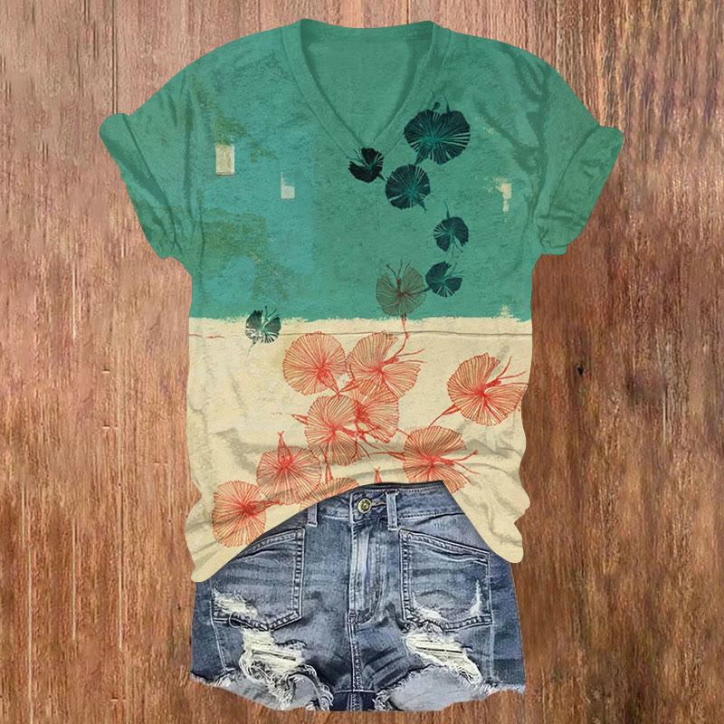 Watercolor Lotus Leaf Art Print Casual T-shirt - Green - US32-34(5XL) - image 1