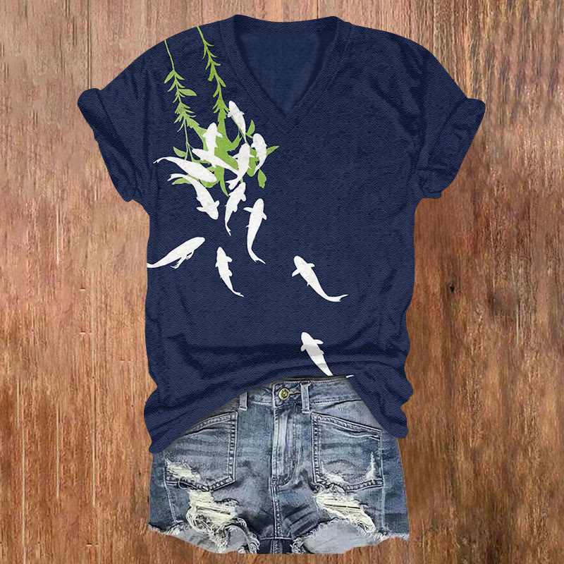 Japanese Branches And Fish Simple Art Print Casual T-shirt - Blue - US32-34(5XL) - image 1
