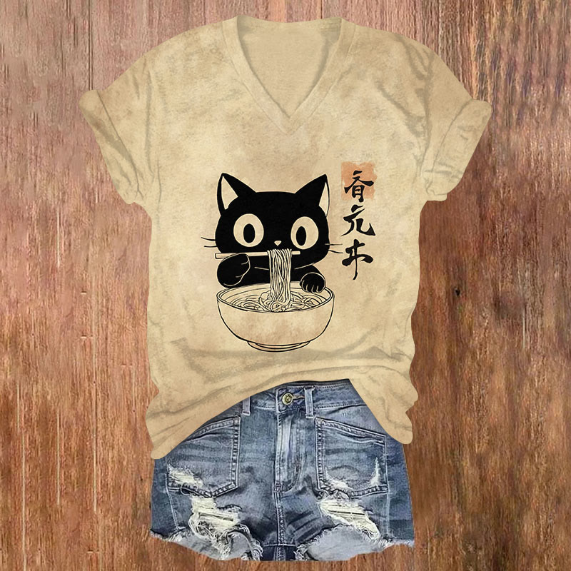 Vintage Japanese Cute Cat Eating Ramen Art Print Casual T-shirt - Khaki - US32-34(5XL) - image 1