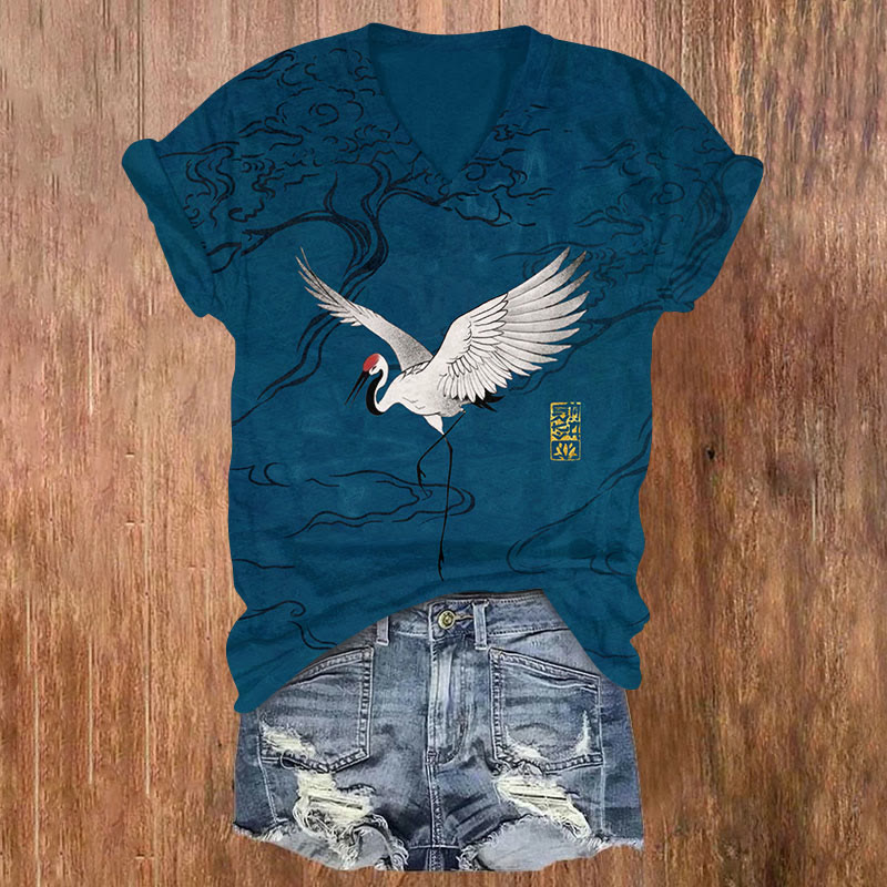 Retro Japanese Elegant Crane Art Print Casual T-shirt - Royal Blue - US32-34(5XL) - image 2