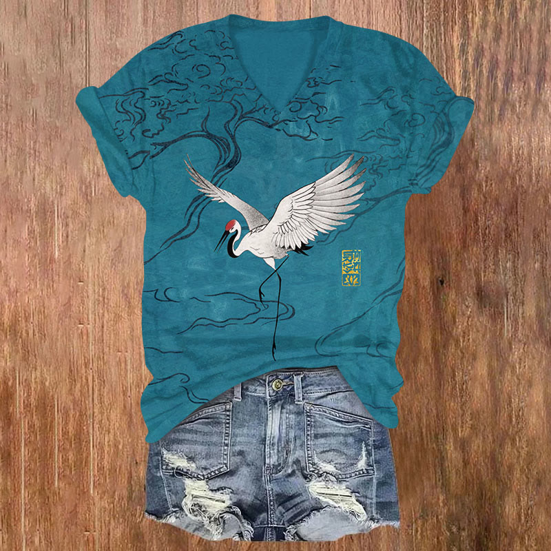 Retro Japanese Elegant Crane Art Print Casual T-shirt - Lake Blue - US32-34(5XL) - image 1