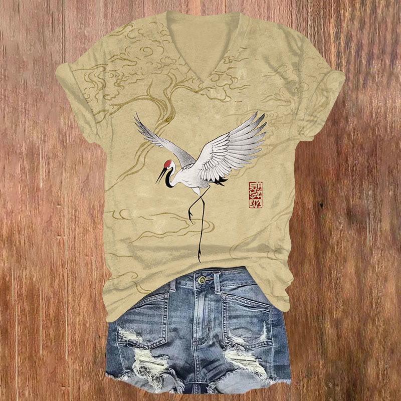 Retro Japanese Elegant Crane Art Print Casual T-shirt - Khaki - US32-34(5XL) - image 3