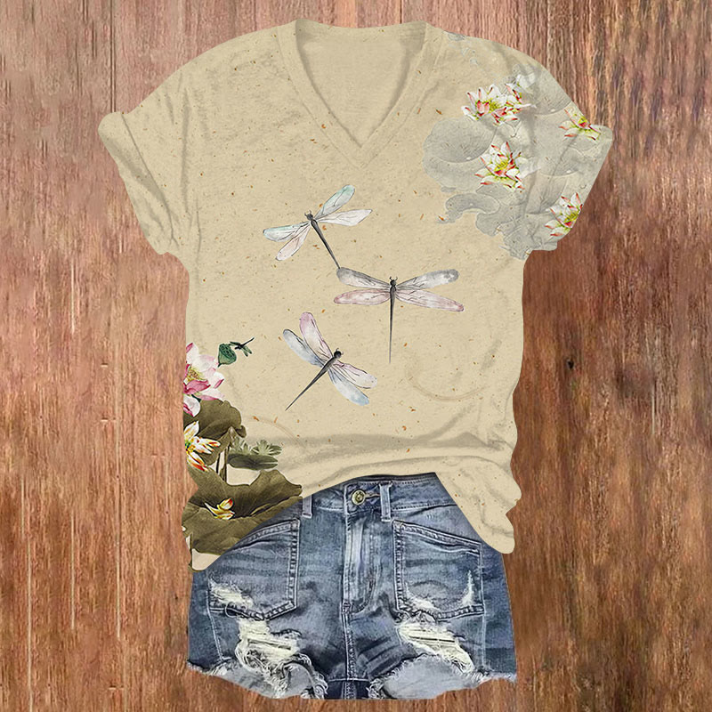 Retro Fantasy Dragonfly & Lotus Blossom Art Print Casual T-shirt - Apricot - US32-34(5XL) - image 1