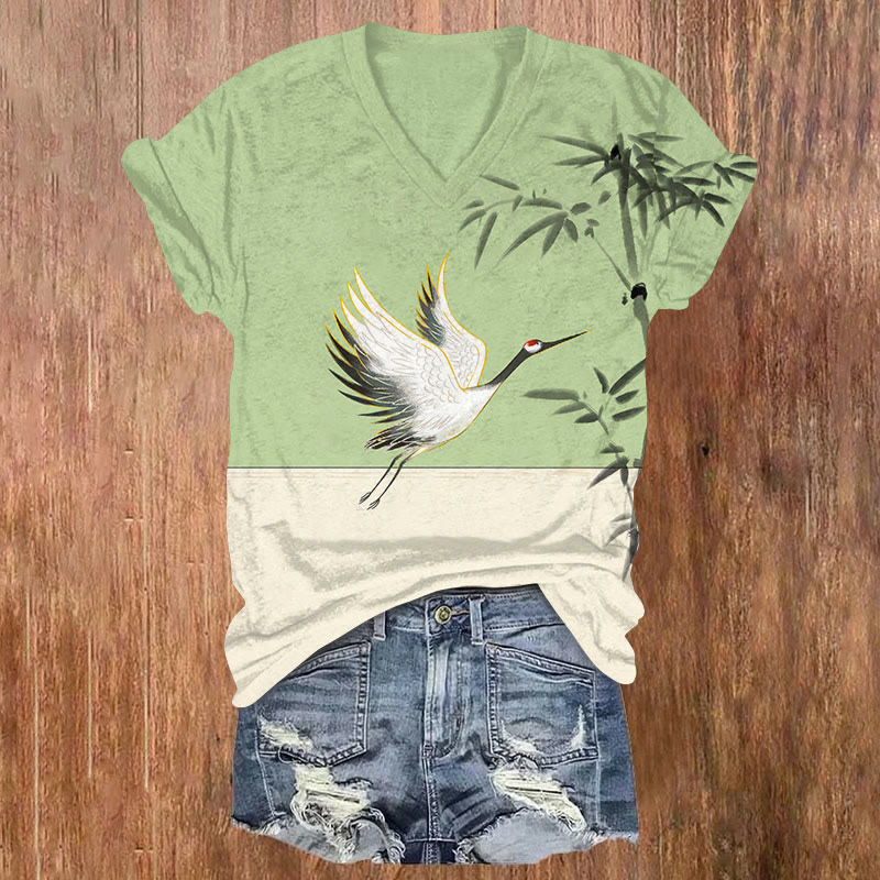Vintage Elegant Crane & Bamboo Art Print Casual T-shirt - Green - US32-34(5XL) - image 1