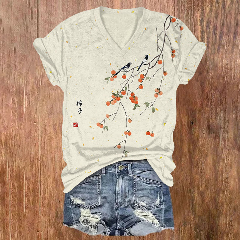 Vintage Persimmon Tree & Birds Art Print Casual T-shirt - Beige - US32-34(5XL) - image 1