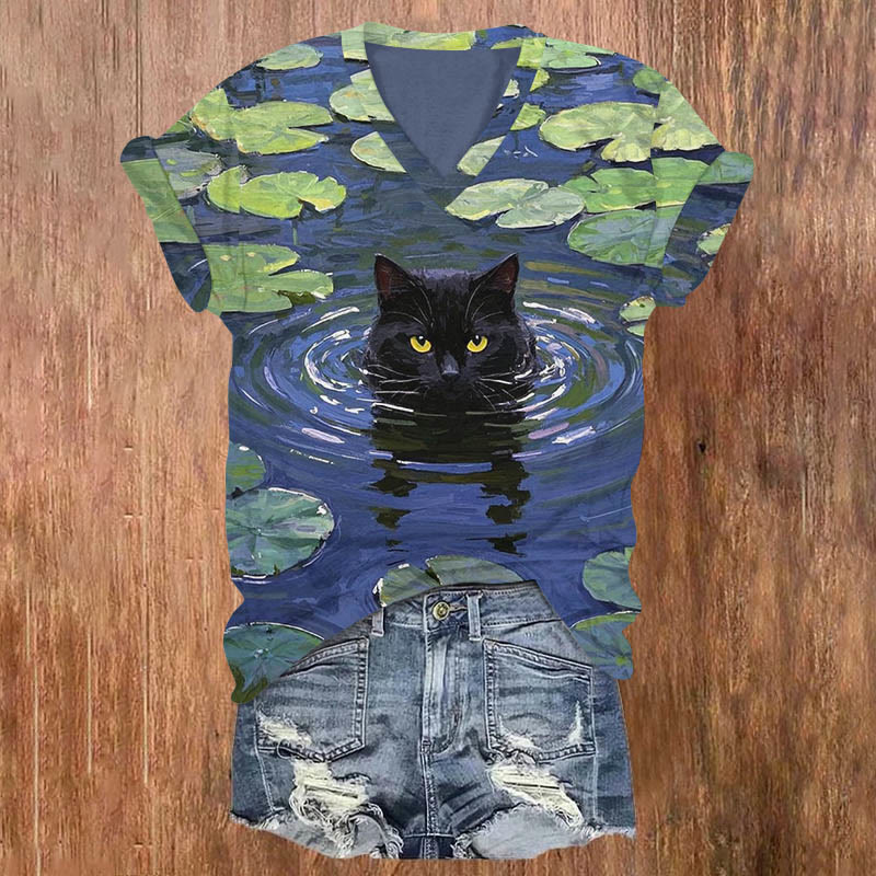 Oil Painting Black Cat In Lotus Pond Art Print Casual T-shirt - Blue - US32-34(5XL) - image 1
