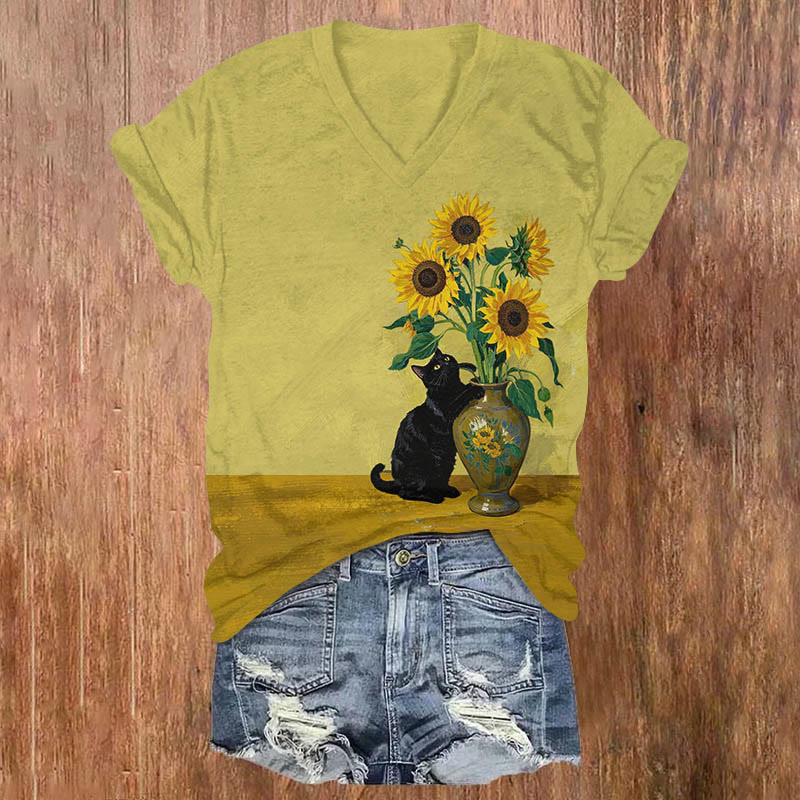Vintage Sunflower & Black Cat Art Print Casual T-shirt - Yellow - US32-34(5XL) - image 1