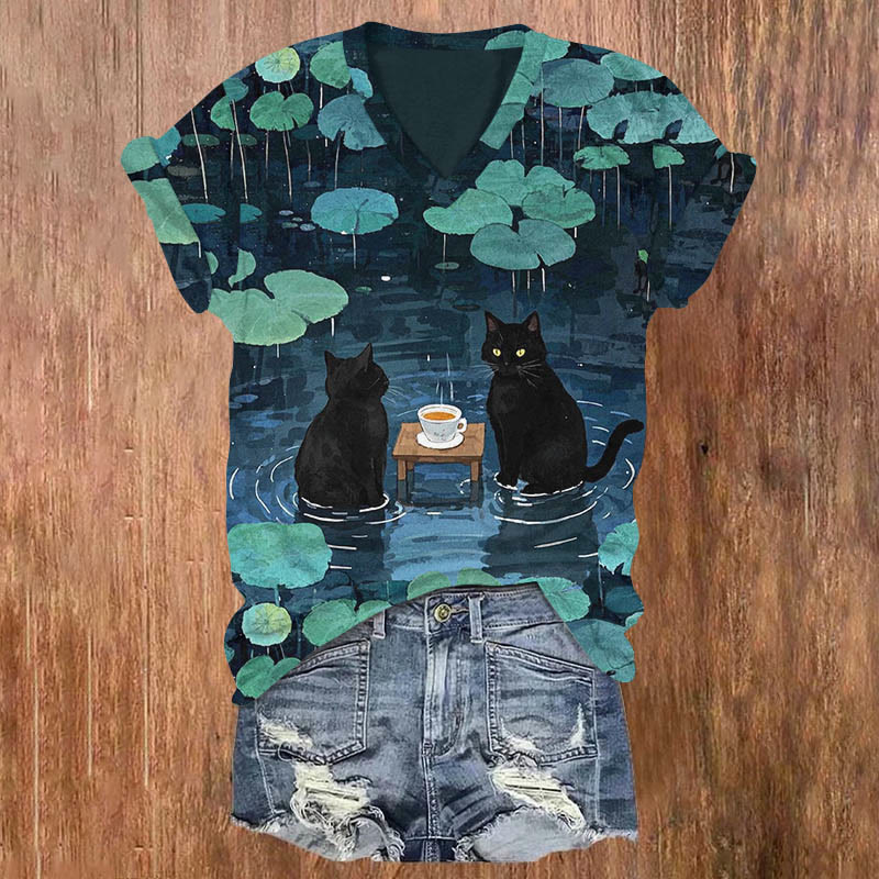 Couple Cats Enjoying Tea In Lotus Pond Art Print Casual T-shirt - Dark Blue - US32-34(5XL) - image 1