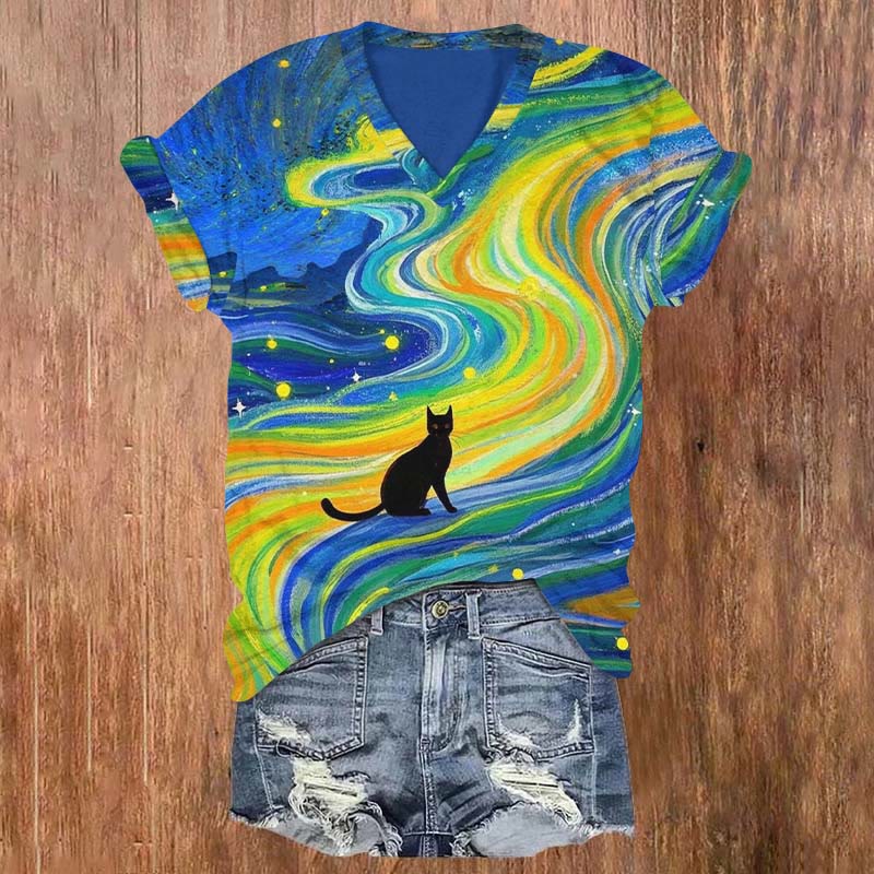 Spectacular Twisted Rainbow Cat Art Print Casual T-shirt - Multicolor - US32-34(5XL) - image 1
