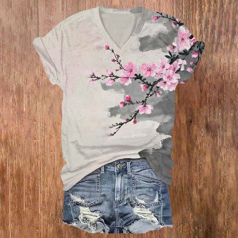 Retro Stunning Peach Blossom Art Print Casual T-shirt - Light Gray - US32-34(5XL) - image 1