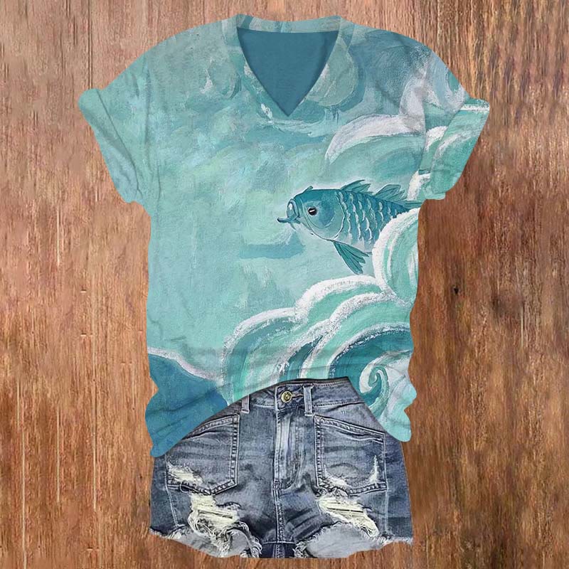 Retro Oil Painting Koi Fish Art Print Casual T-shirt - Blue - US32-34(5XL) - image 1