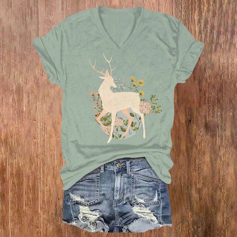 Romantic Floral Deer Art Print Casual T-shirt - Mint - US32-34(5XL) - image 1