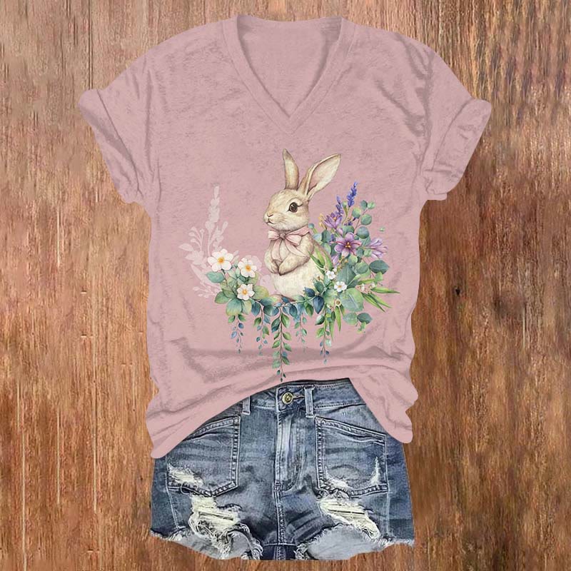 Lovely Rabbit Surrounded By Flowers Art Print Casual T-shirt - Dark Pink - US32-34(5XL) - image 1
