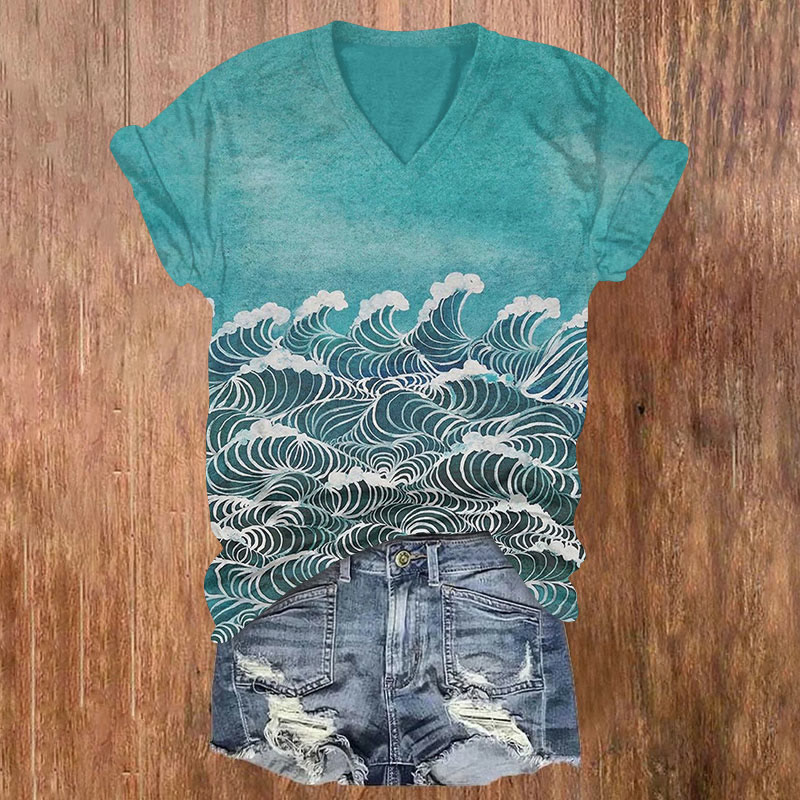 Retro Ocean Wave Art Print Casual T-shirt - Green - US32-34(5XL) - image 1