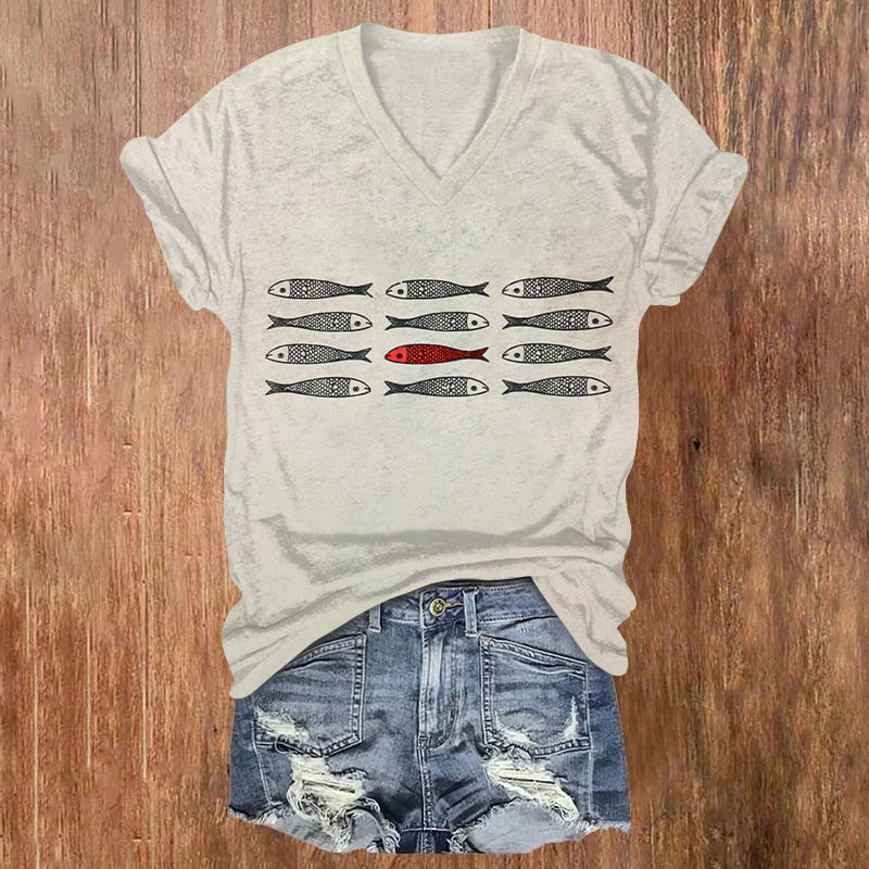 Funny Cartoon Fish Art Print Casual T-shirt - Apricot - US32-34(5XL) - image 1