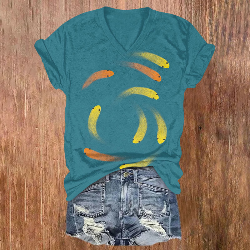 Retro Abstract Colored Fish Print Casual T-shirt - Lake Blue - US32-34(5XL) - image 1