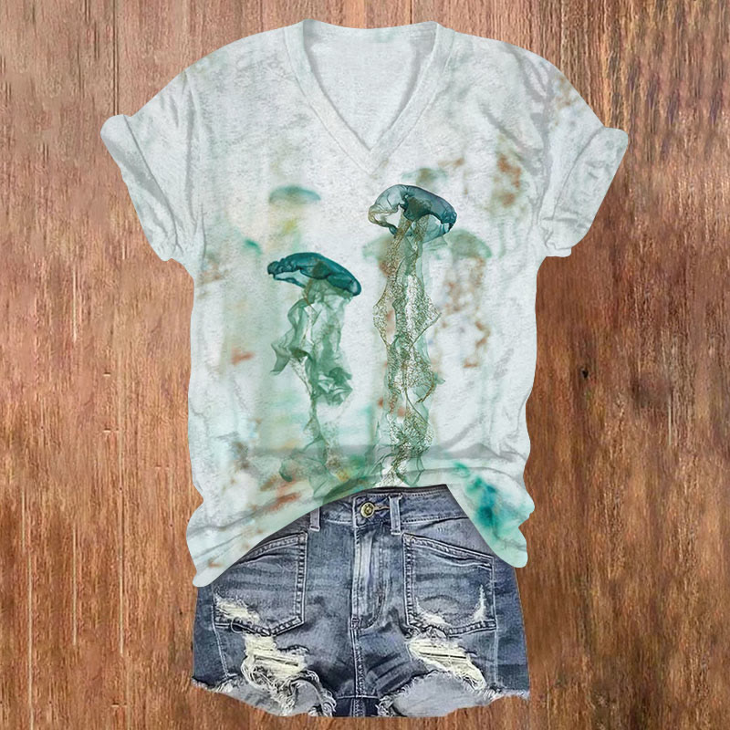 Fantasy Watercolor Jellyfish Art Print Casual T-shirt - Light Gray - US32-34(5XL) - image 1