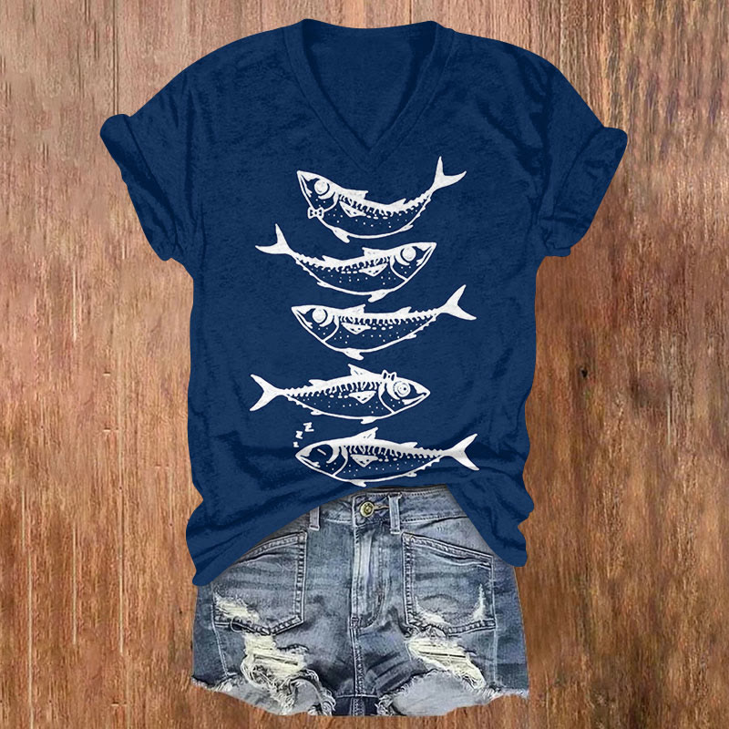 Funny Transparent Fish Art Print Casual T-shirt - Navy Blue - US32-34(5XL) - image 1
