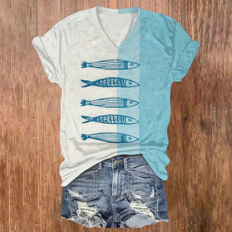 Creative Blue Sketching Cartoon Fish Print Casual T-shirt - Light Blue - US32-34(5XL) - image 1