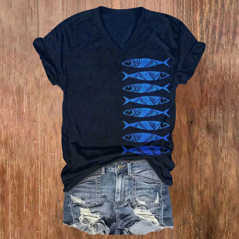 Funny Glowing Fish In A Row Print Casual T-shirt - Dark Blue - US32-34(5XL) - image 1