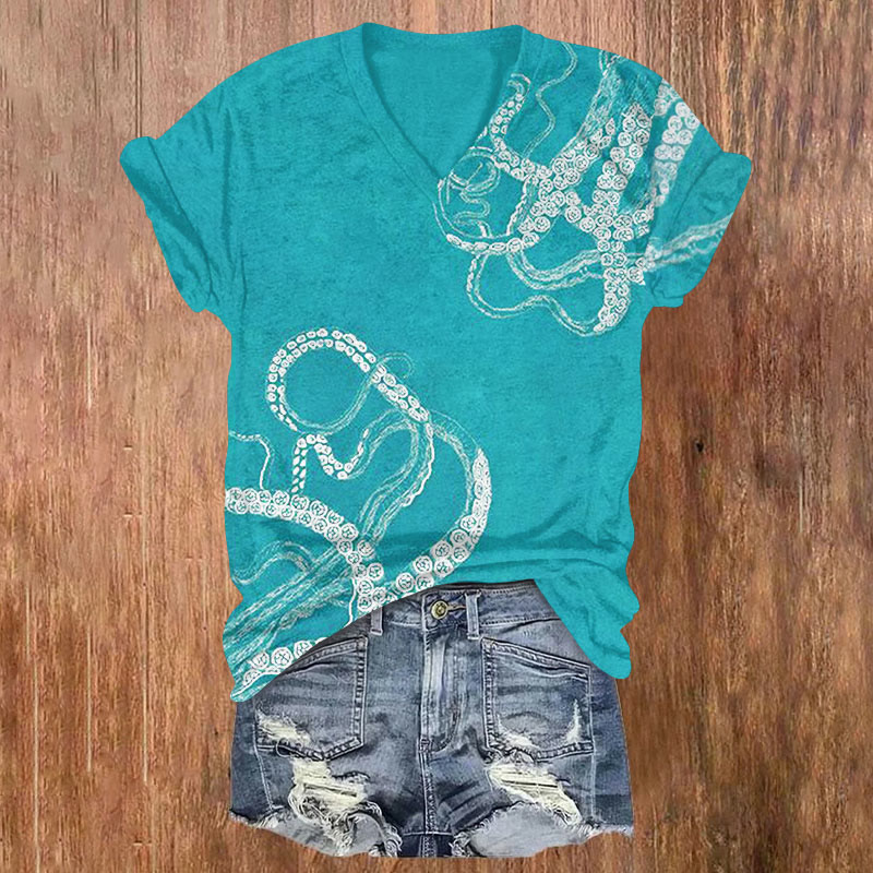 Vintage Octopus Tentacles Graffiti Art Print Casual T-shirt - Lake Blue - US32-34(5XL) - image 1