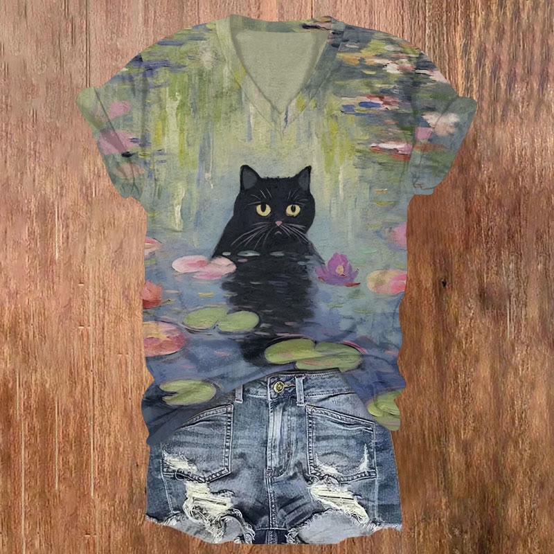 Cat In Colorful Lotus Pond Art Print Casual T-shirt - Multicolor - US32-34(5XL) - image 1