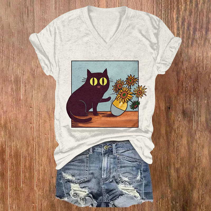 Funny Black Cat Push Sunflower Vase Print Casual T-shirt - White - US32-34(5XL) - image 1