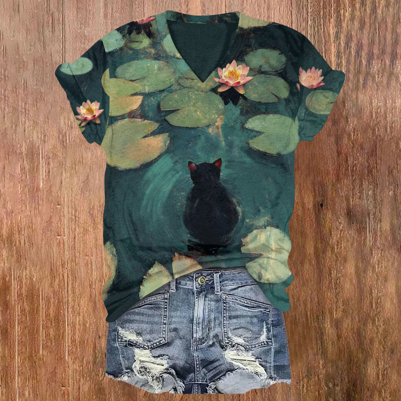 Black Cat Swimming In Lotus Pond Print Casual T-shirt - Dark Green - US32-34(5XL) - image 1