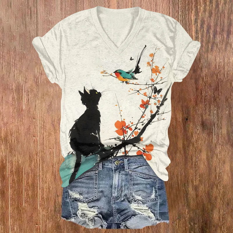 Skinny Black Cat Watching Bird On Branch Print Casual T-shirt - White - US32-34(5XL) - image 1