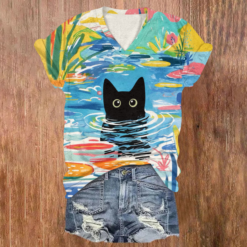 Cute Kitten In Colorful Lotus Pond Art Print Casual T-shirt - Multicolor - US32-34(5XL) - image 1