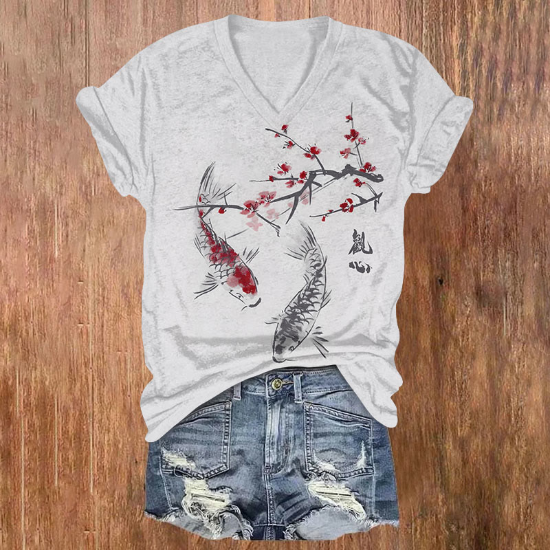 Vintage Koi Fish & Plum Blossom Art Print Casual T-shirt - Light Gray - US32-34(5XL) - image 1