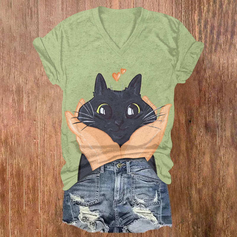 Adorable Black Cat Pet Art Print Casual T-shirt - Green - US32-34(5XL) - image 1
