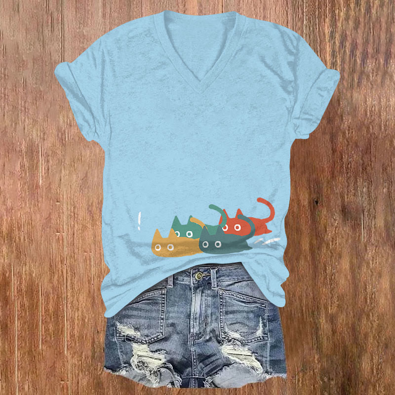 Funny Colorful Cartoon Cat Art Print Casual T-shirt - Blue - US32-34(5XL) - image 1