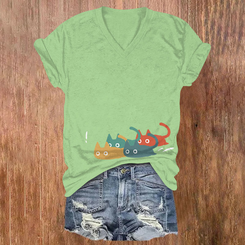 Funny Colorful Cartoon Cat Art Print Casual T-shirt - Green - US32-34(5XL) - image 2