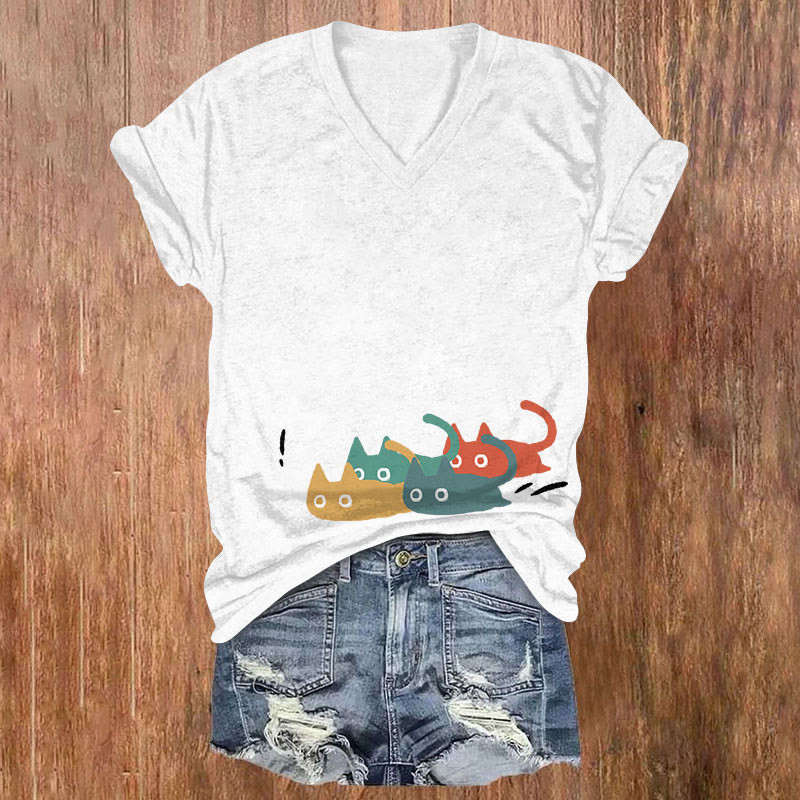 Funny Colorful Cartoon Cat Art Print Casual T-shirt - White - US32-34(5XL) - image 3
