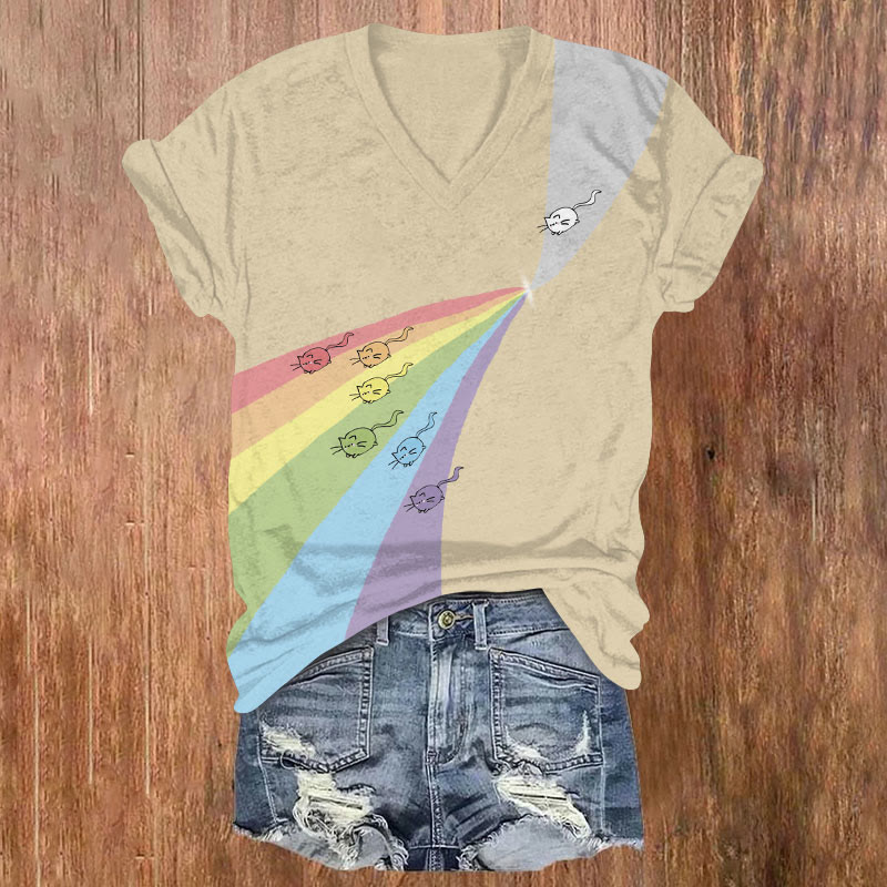 Creative Rainbow Cats Art Print Casual T-shirt - Apricot - US32-34(5XL) - image 1