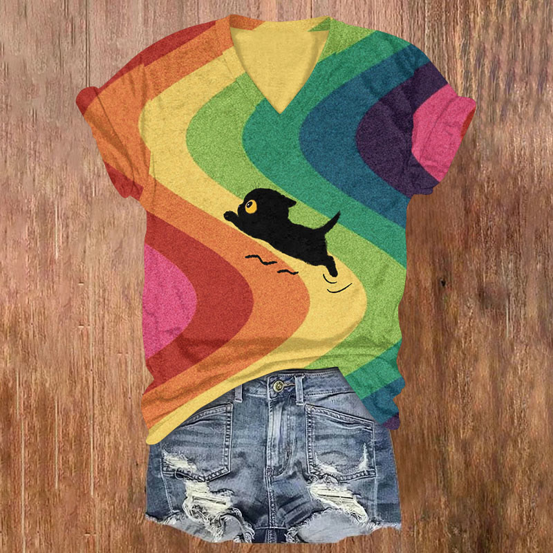 Curvy Rainbow Black Cat Print Casual T-shirt - Multicolor - US32-34(5XL) - image 1