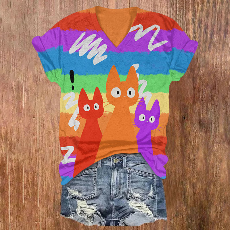 Cute Rainbow Watercolor Cat Art Print Casual T-shirt - image 1