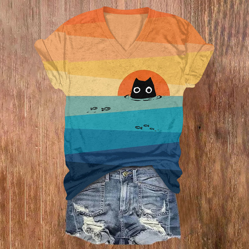 Rainbow Sun & Black Cat In The Sea Art Print Casual T-shirt - Multicolor - US32-34(5XL) - image 1