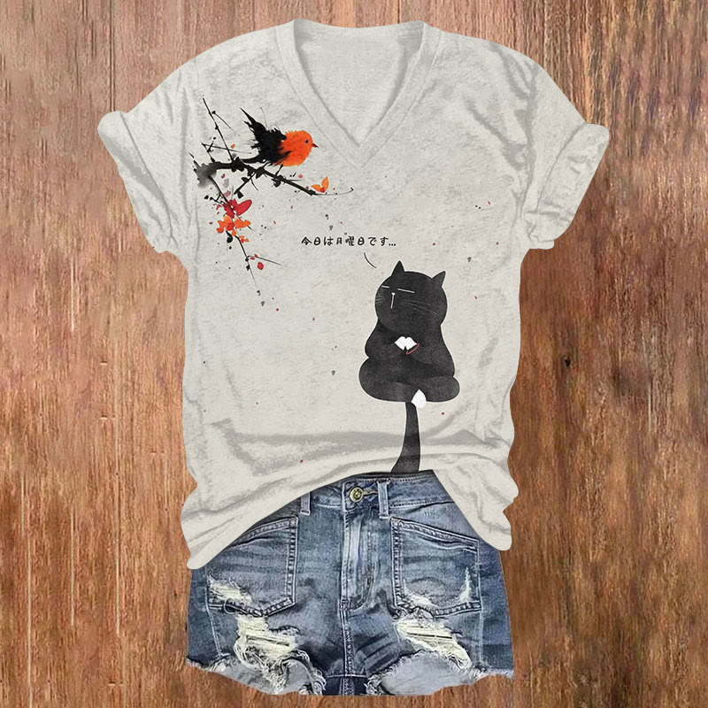 Japanese Vintage Cute Cat & Bird Art Print Casual T-shirt - Light Gray - US32-34(5XL) - image 1