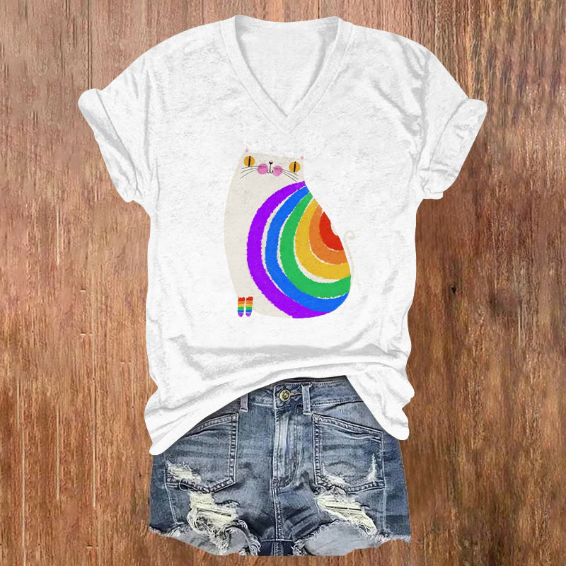 Ugly Rainbow Cat Print V-neck Short Sleeve T-shirt - White - US32-34(5XL) - image 1
